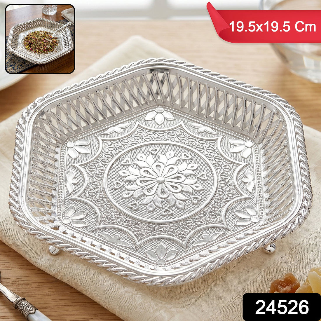 Decorative silver serving tray embossed floral