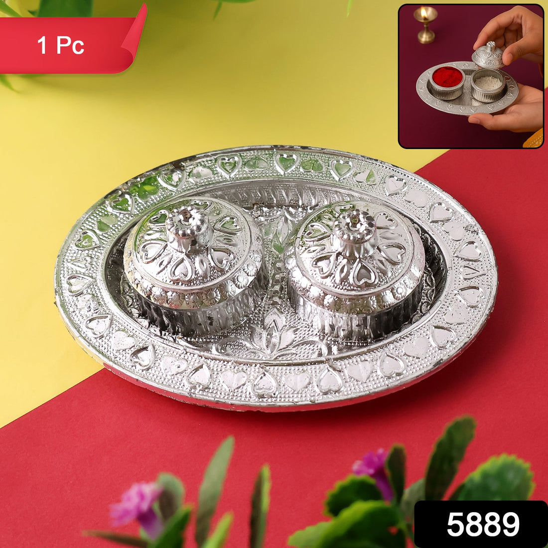 Oval shape puja thali with kumkum holders for traditional rituals