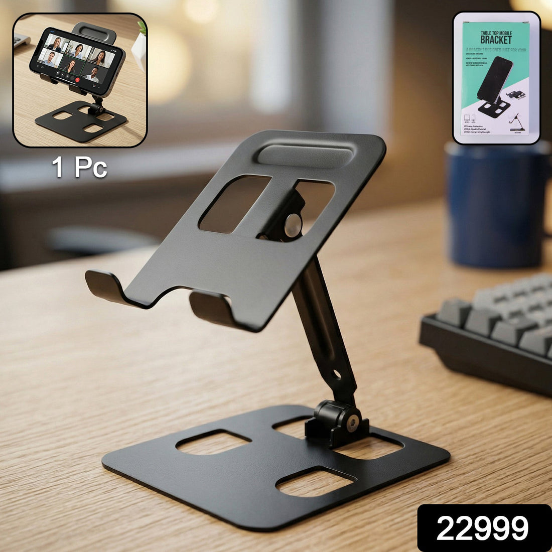 Adjustable metal mobile stand holding a smartphone