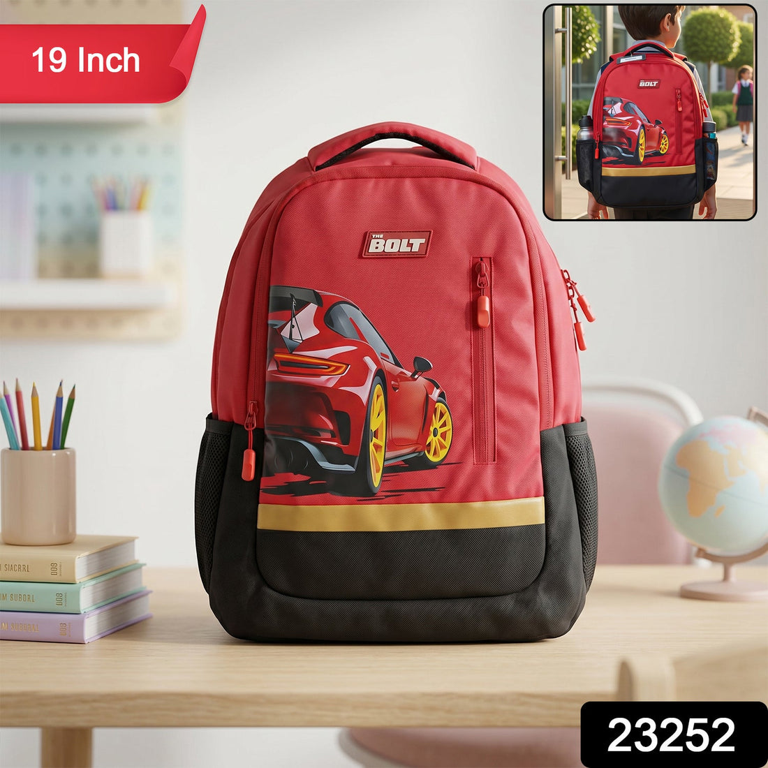 Large 19-inch kids' school bag with vivid car design