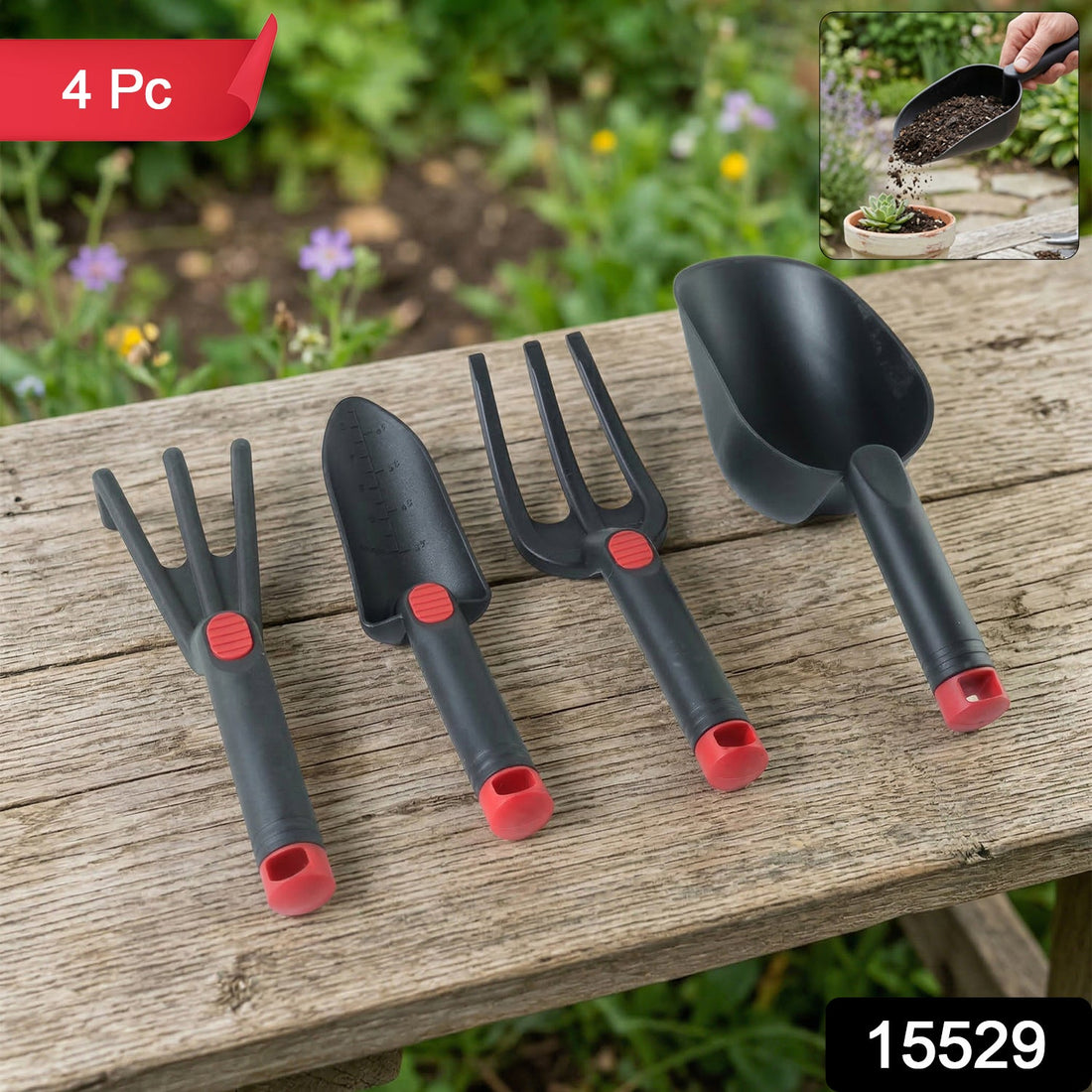 Complete garden hand tool set with soil scoop, trowel, and rake