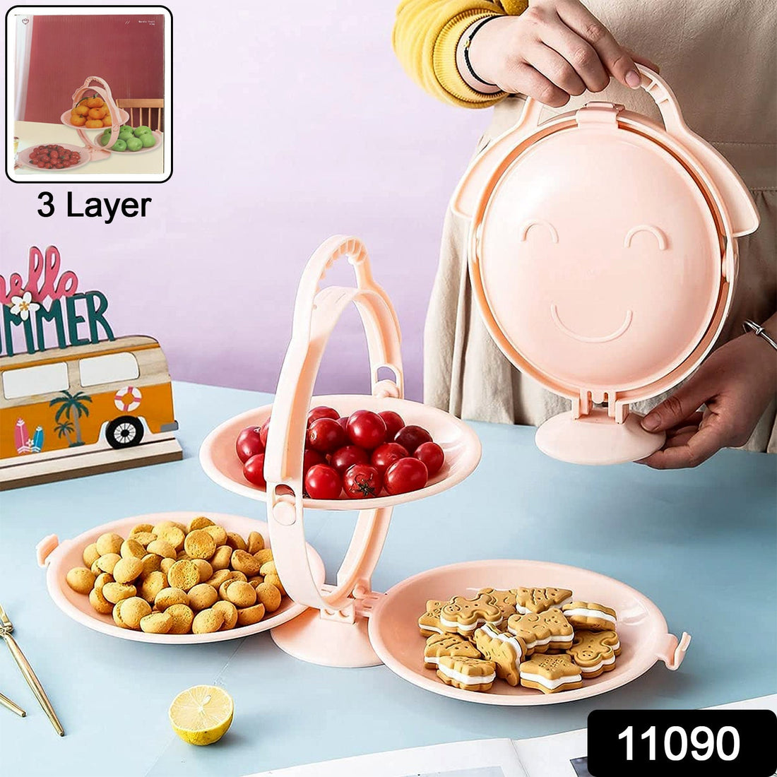 3-layer foldable snack serving stand with round trays displaying fruits and snacks