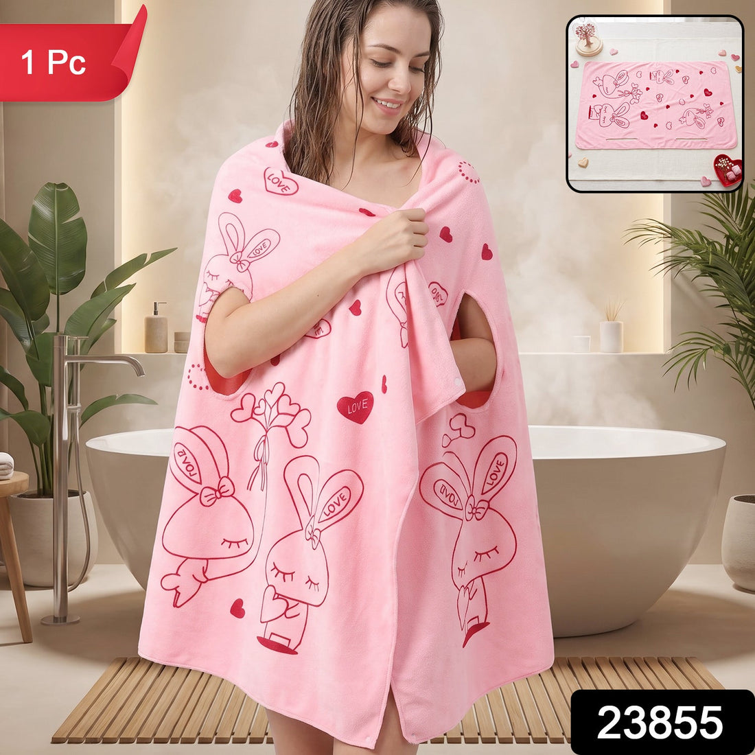 Women wearable bath towel, cute print soft quick dry bathroom wrap (1 pc)