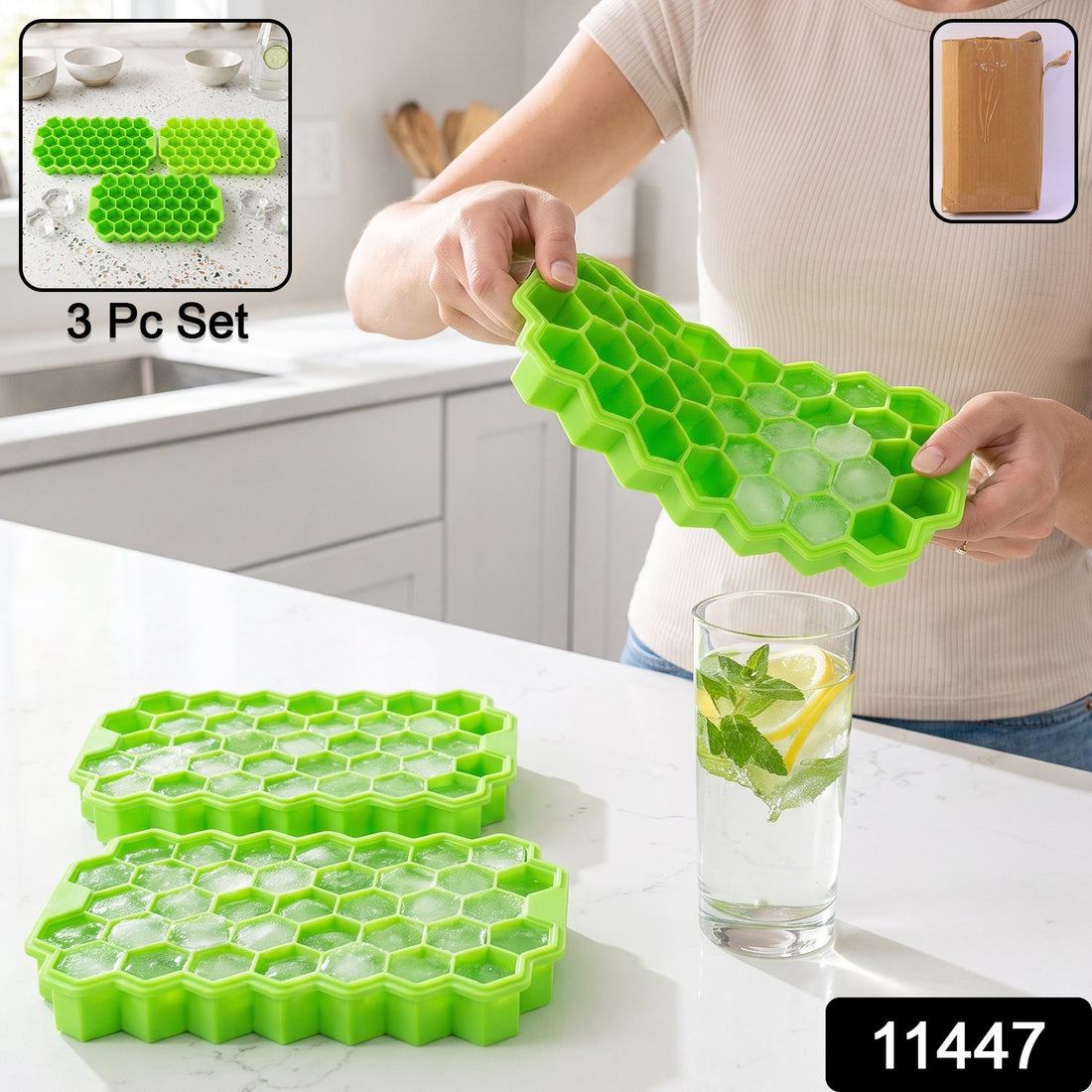 Silicone honeycomb ice cube tray, 37 cavity flexible freezer mould (3 pc set)
