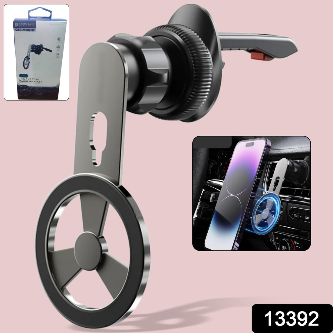 Magnetic Car Phone Holder securely mounted on a car air vent, showing its 360-degree rotation.