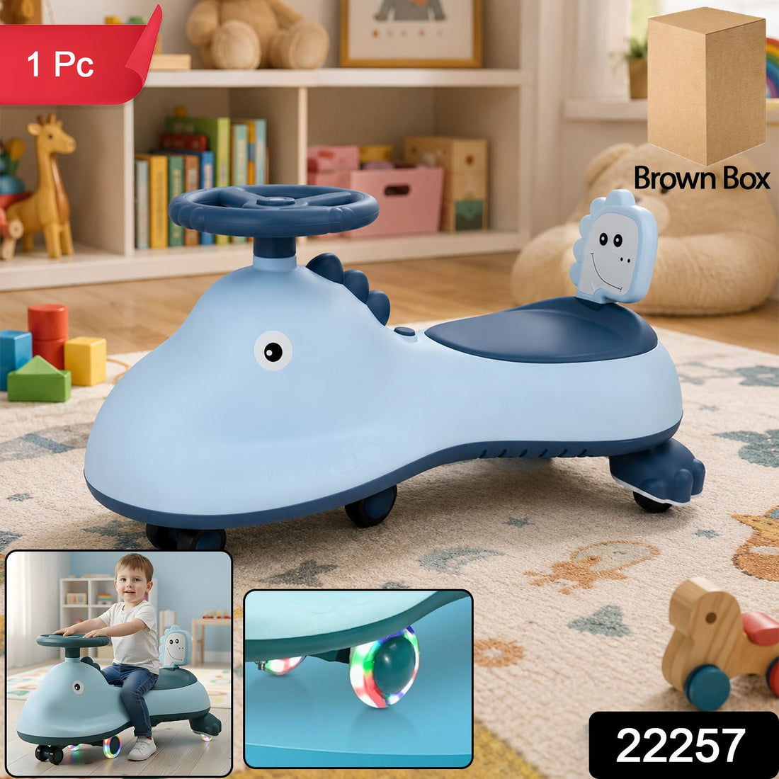 Kids swing car ride on toy with music, blue shark design magic twist car (1 pc)