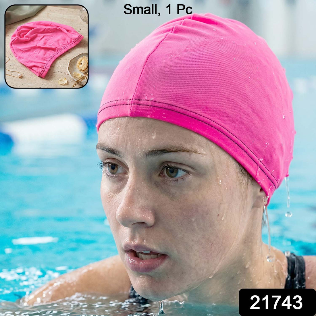 Bright pink, stretchable swimming cap with a snug fit