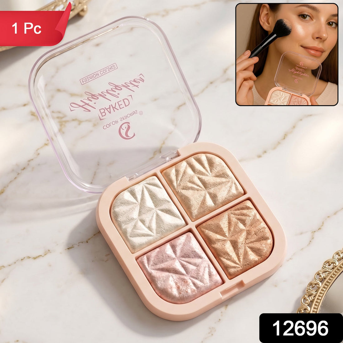 4 in 1 baked highlighter blusher palette with shimmer shades