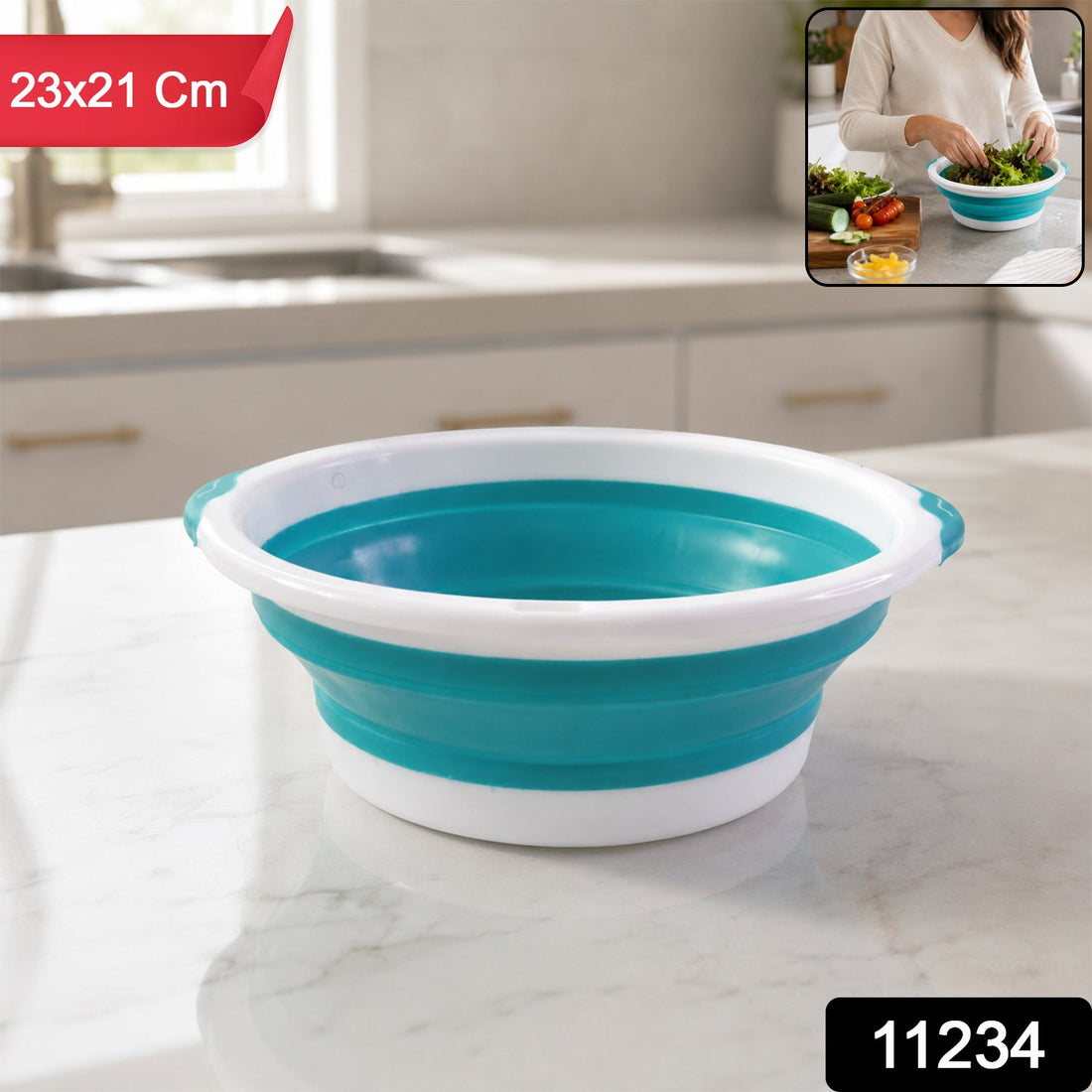 Foldable collapsible utility basket with handles in a home setting