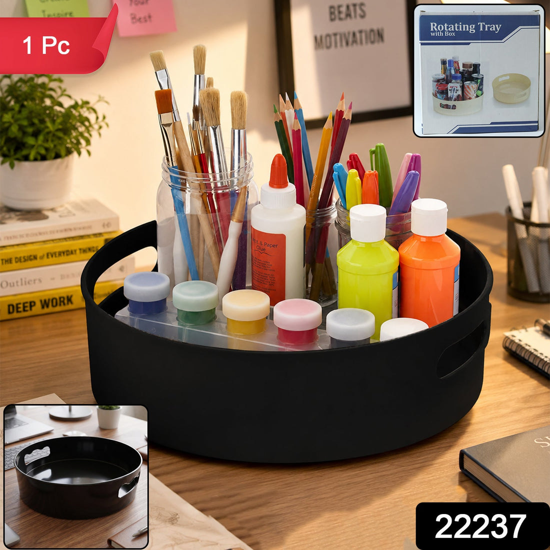 Rotating round storage tray organizer for kitchen use.