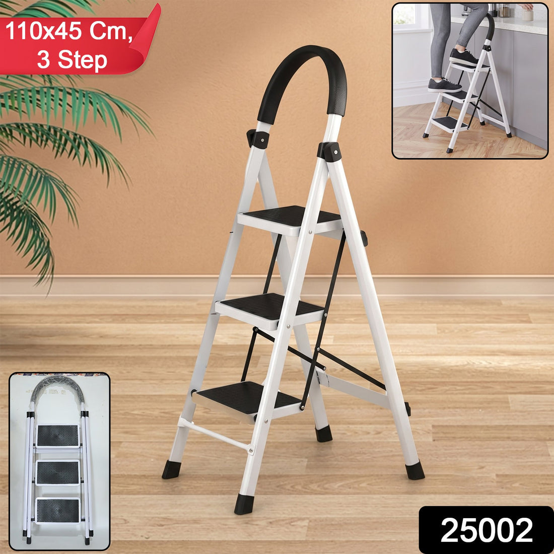 3 step folding ladder with padded handrail and anti slip steel steps (1 pc)