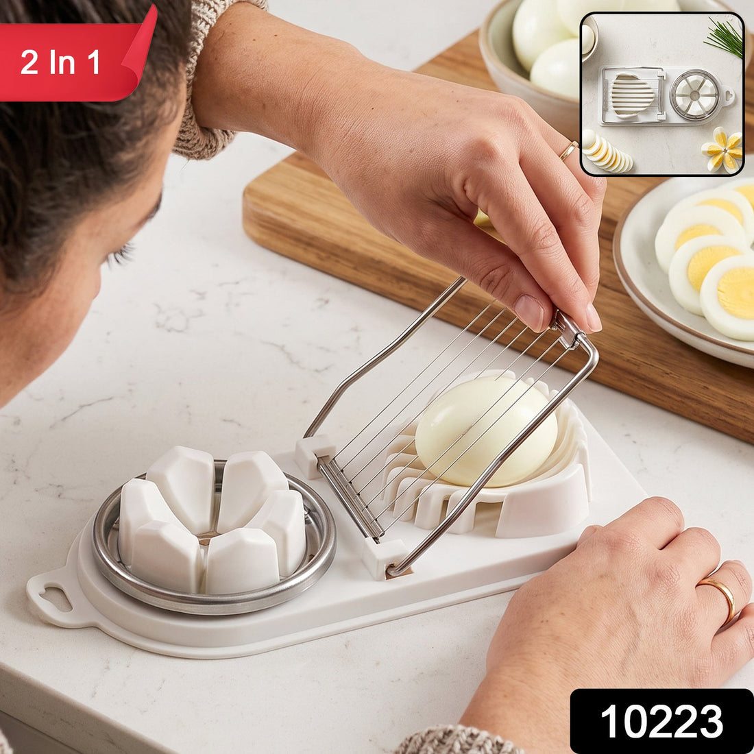 2 in 1 stainless steel egg cutter, slicer and wedger for boiled eggs (1 pc)