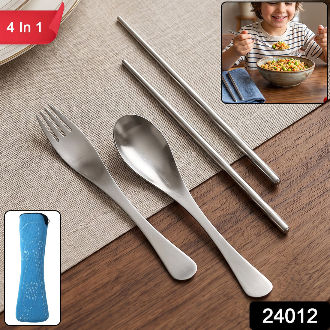 4 in 1 portable cutlery set with pouch, steel spoon, fork and chopsticks (1 set)