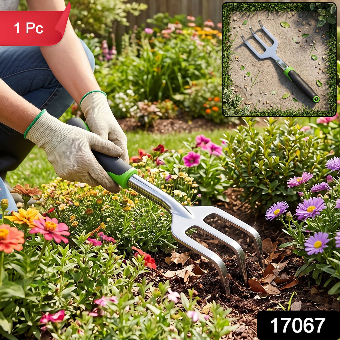 3 prong garden hand cultivator fork, stainless steel tool with ergonomic handle (1 pc)