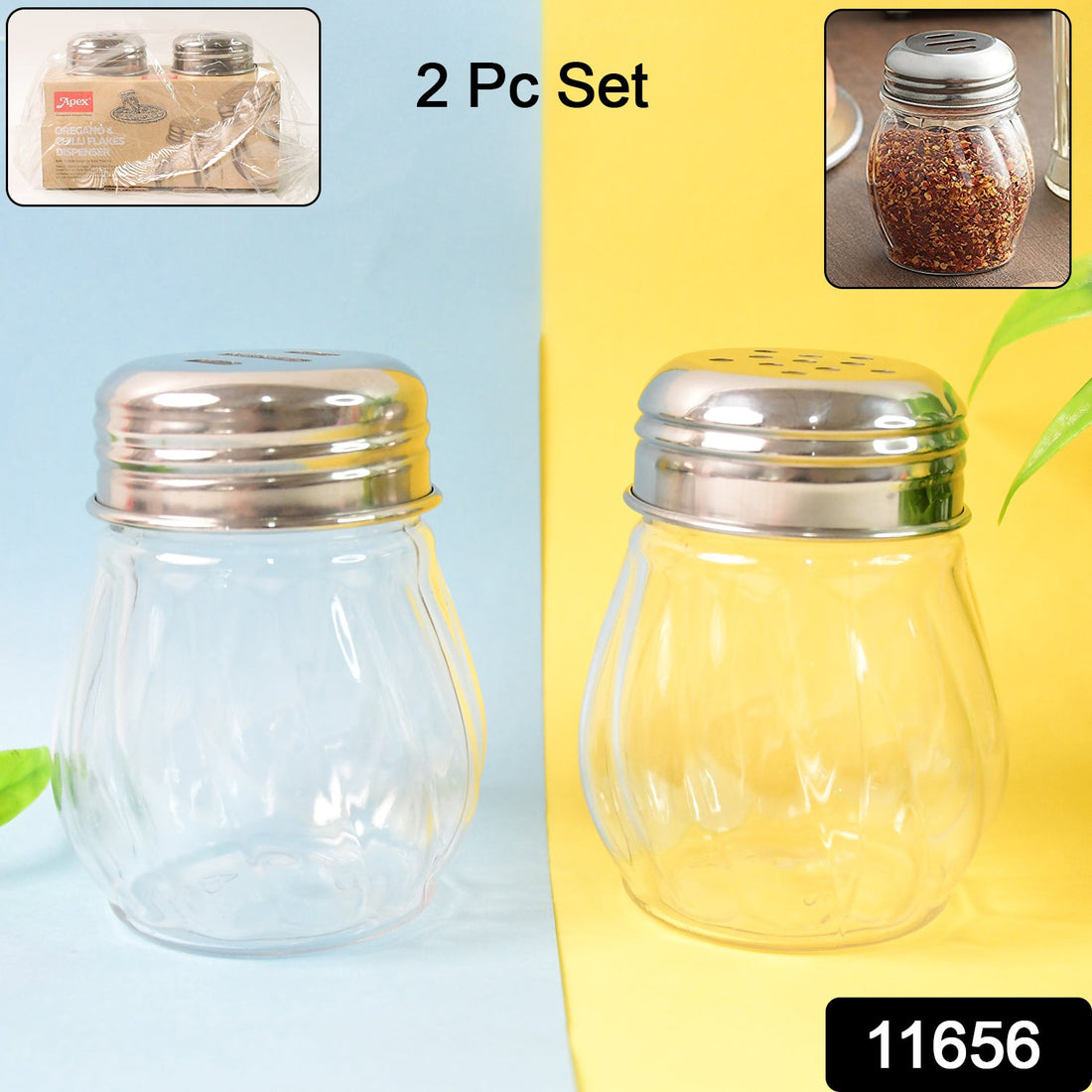 Oregano & Chilli Flakes Dispenser Set with clear plastic body and stainless steel lids on kitchen counter