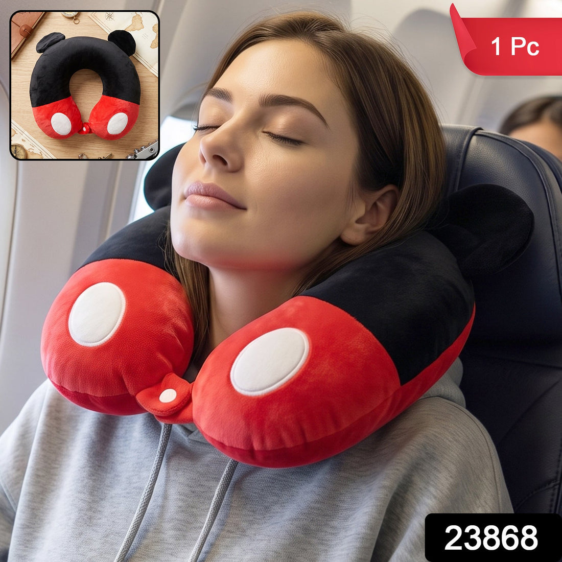 U shaped travel neck pillow, cute character soft plush pillow with ears (1 pc)
