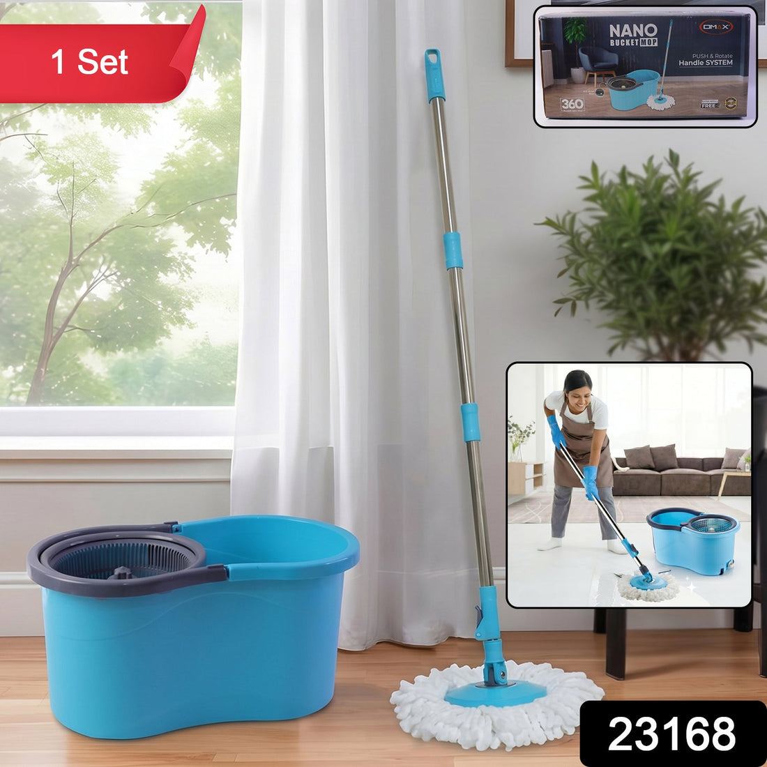 360 degree spin mop bucket set with stainless steel handle for easy cleaning