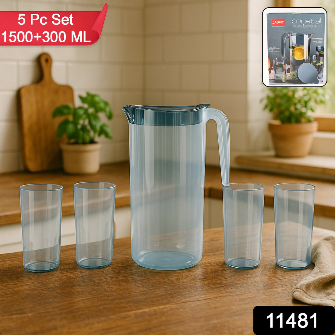 Crystal Premium Jug 1500ml with lid and 4 glasses set in transparent BPA-free plastic