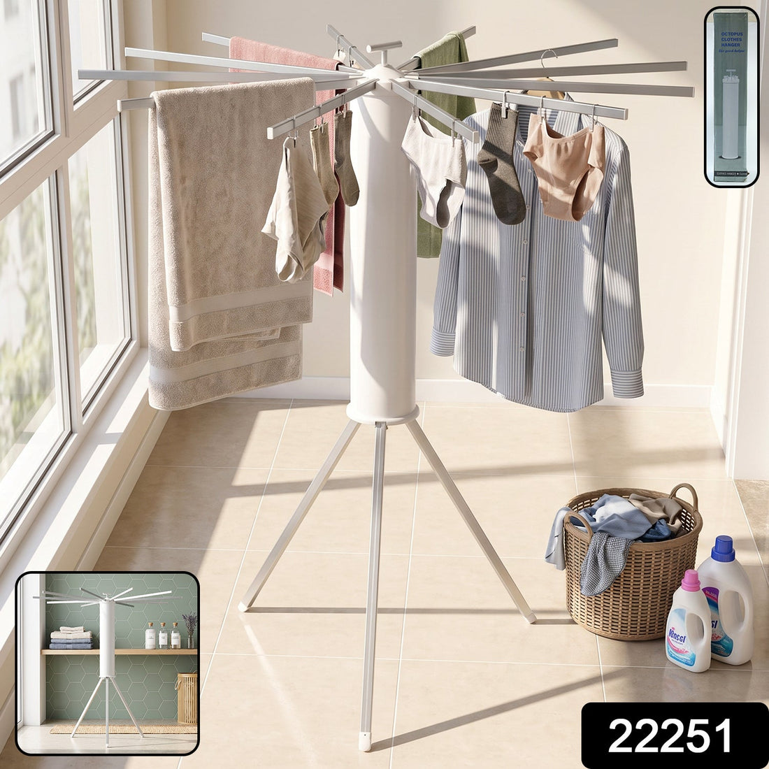 Foldable octopus clothes drying rack stand with tripod and cloth hanger (1 pc)