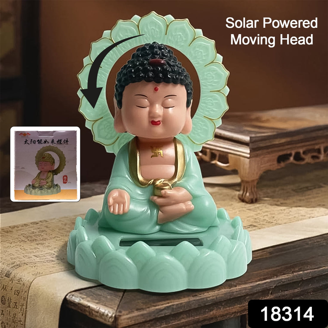 Front view of the solar-powered moving head Buddha statue on a dark background.
