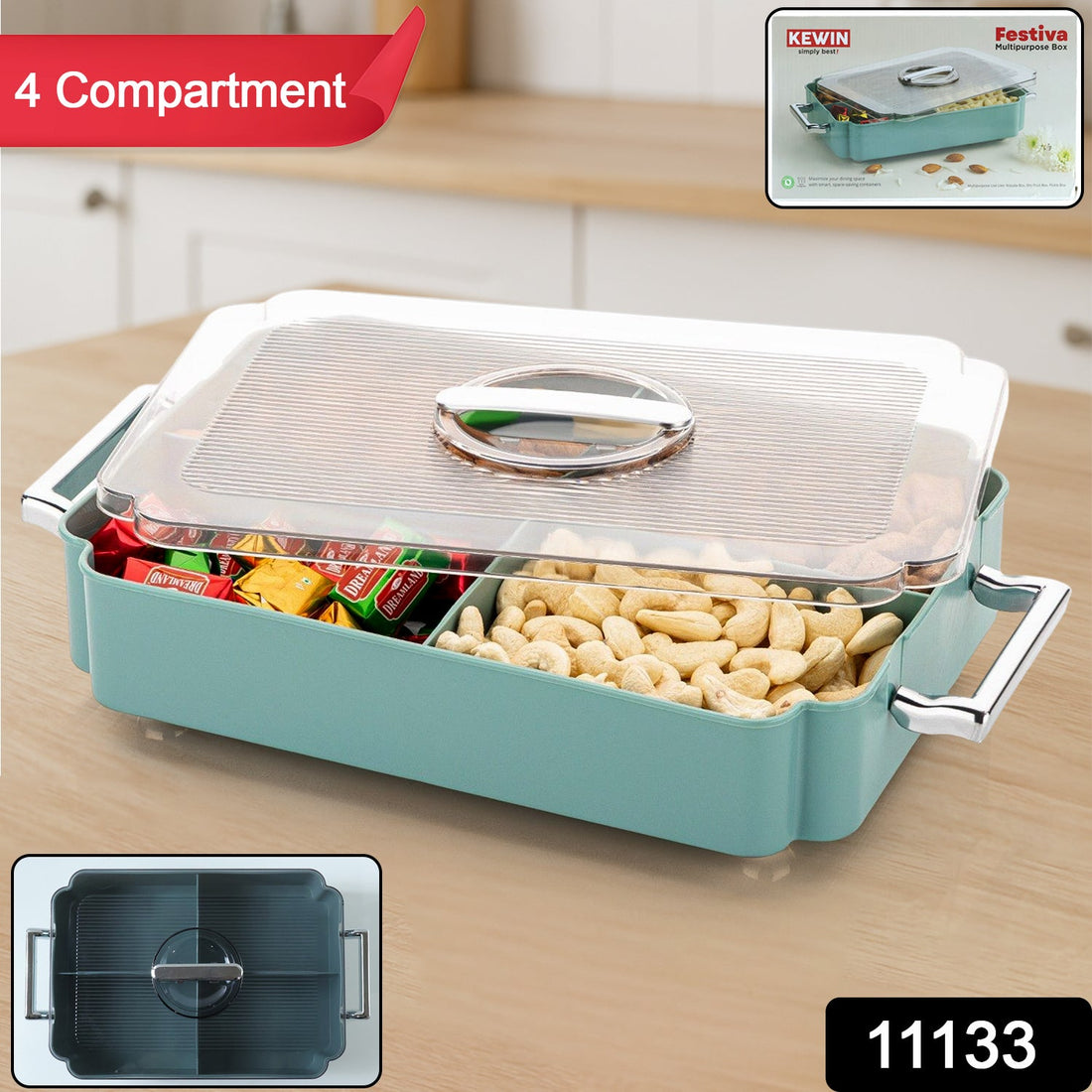 4 compartment plastic food storage container with transparent lid and side handles