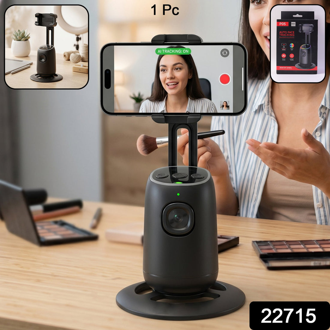 AI face tracking mobile holder stand with 360-degree rotation for live streaming
