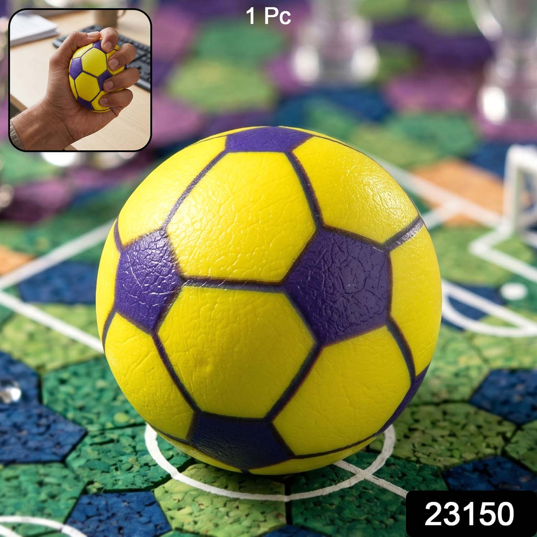 Mini rubber stress ball with soccer design in yellow and purple