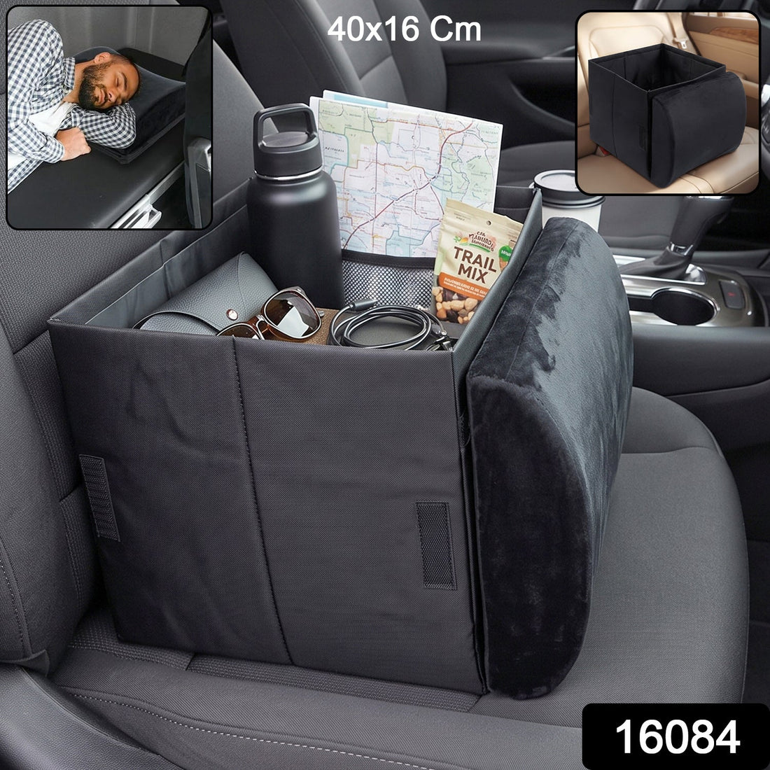 Foldable car organizer box, front seat storage with fold out armrest cushion (1 pc)