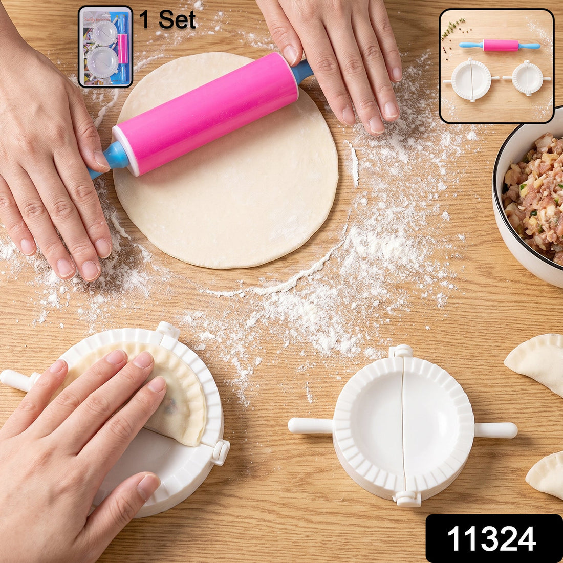 Dumpling maker mould set with mini rolling pin for momo and gujiya (1 set)