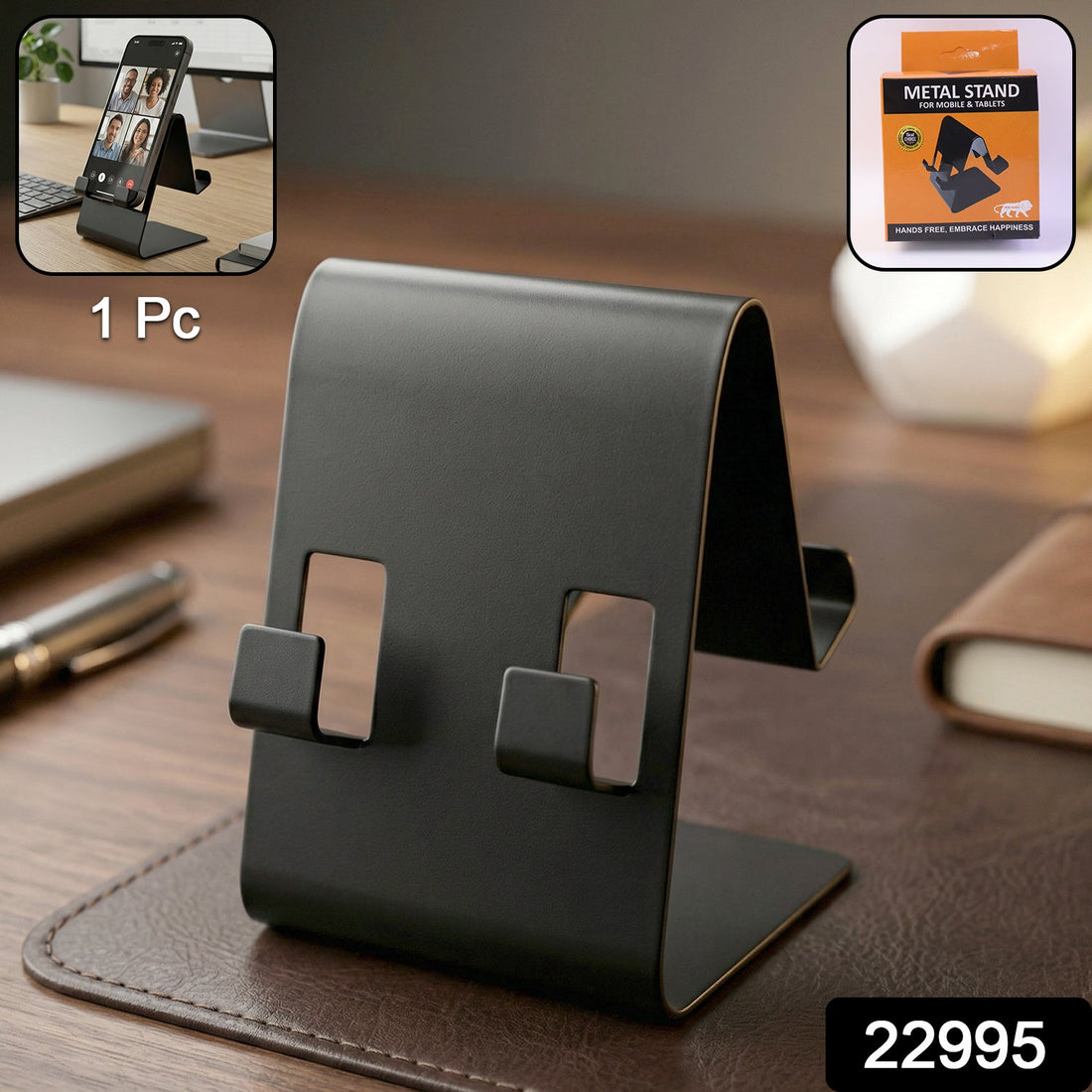 Black foldable metal mobile & tablet stand for desk or travel