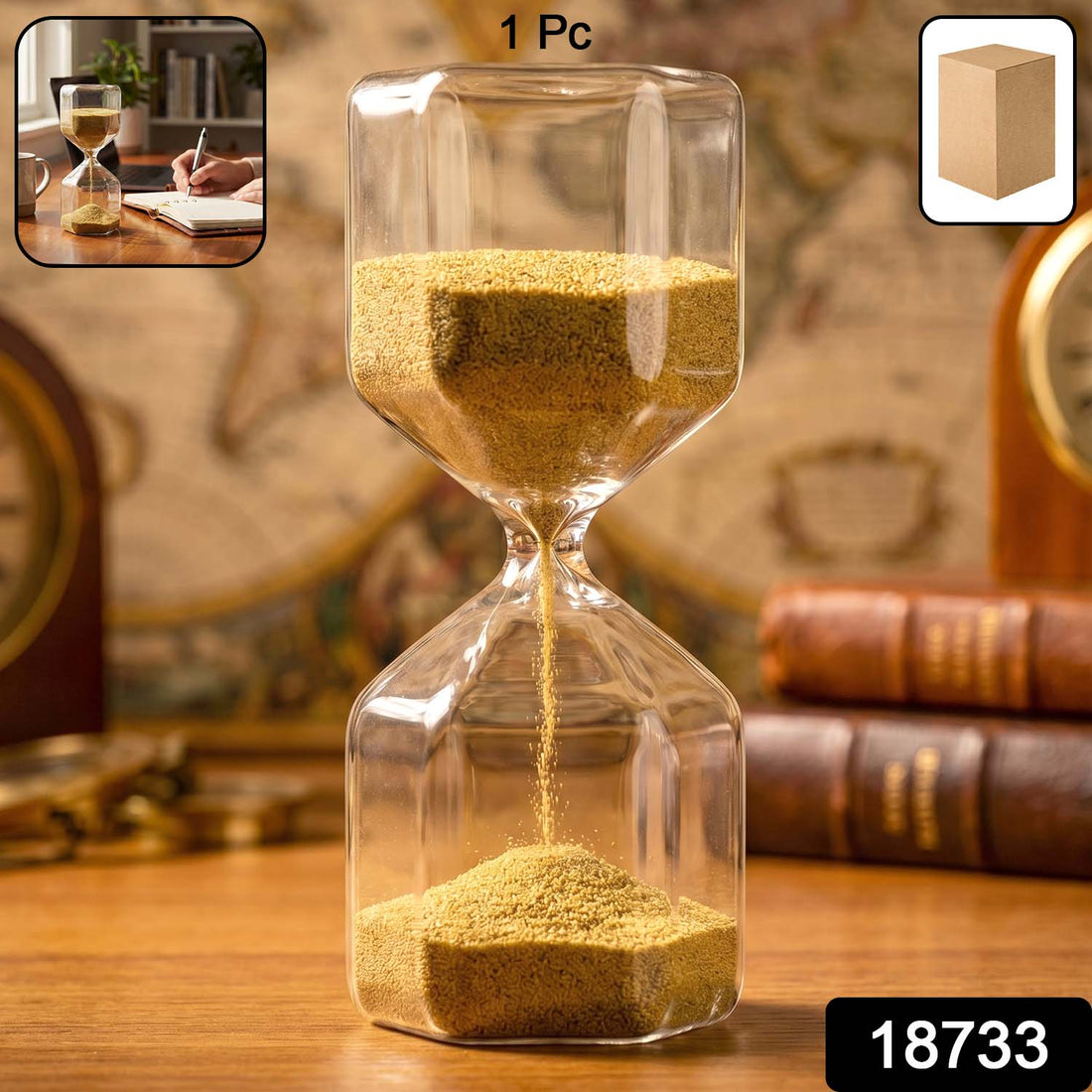 Elegant 4-minute glass sand timer hourglass with yellow sand on a desk.