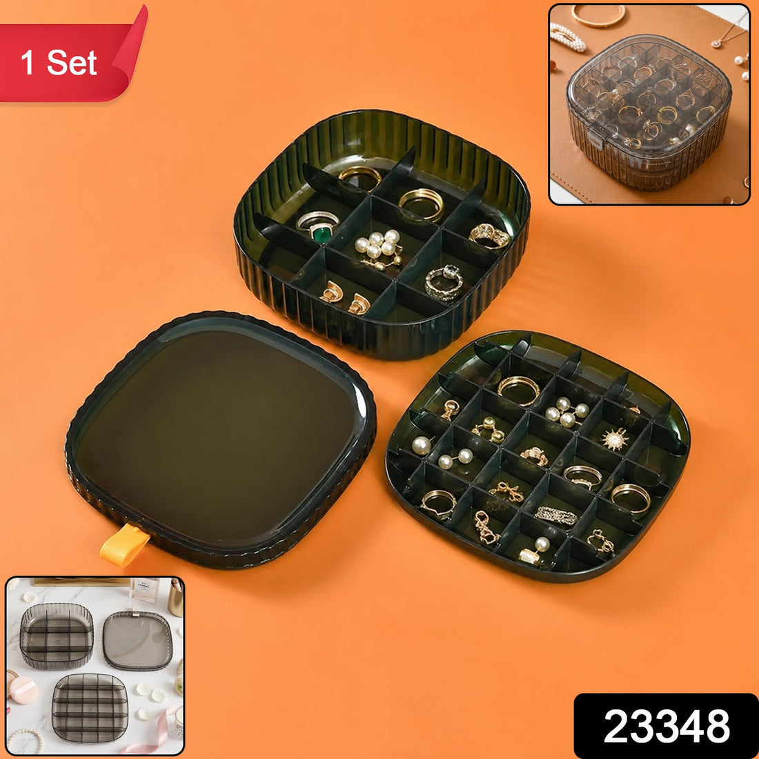 Plastic multi compartment jewelry organizer box with stackable ring storage (1 set)