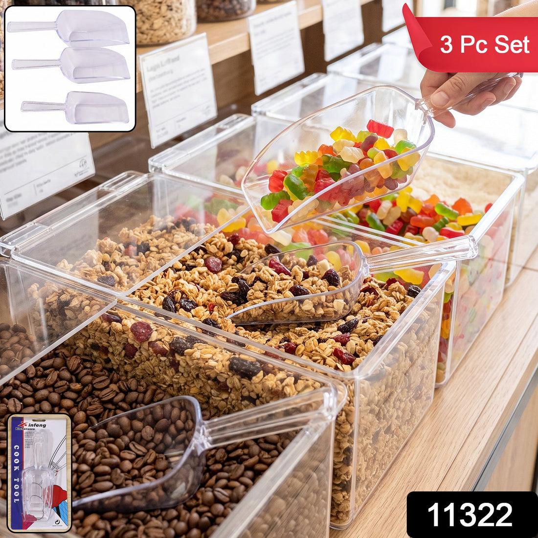 Multipurpose clear plastic scoop set for flour, coffee, sugar and grain (3 pc set)