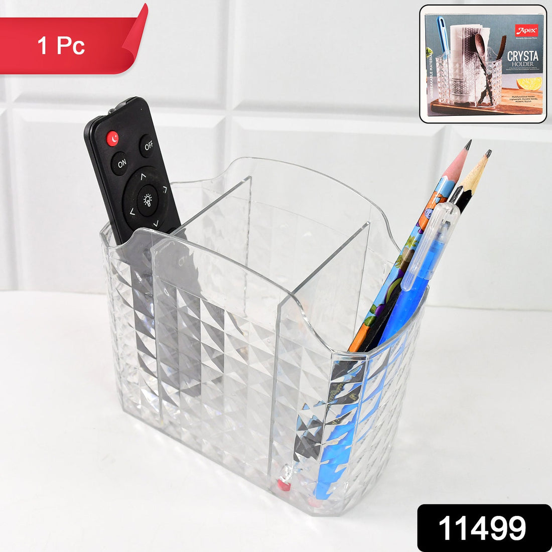 Multipurpose clear organizer holder with multiple compartments showing crystal texture