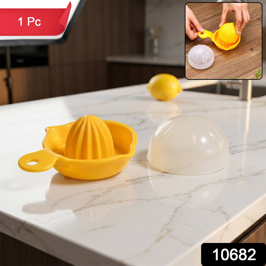 Lemon half on top of citrus juicer for demonstration