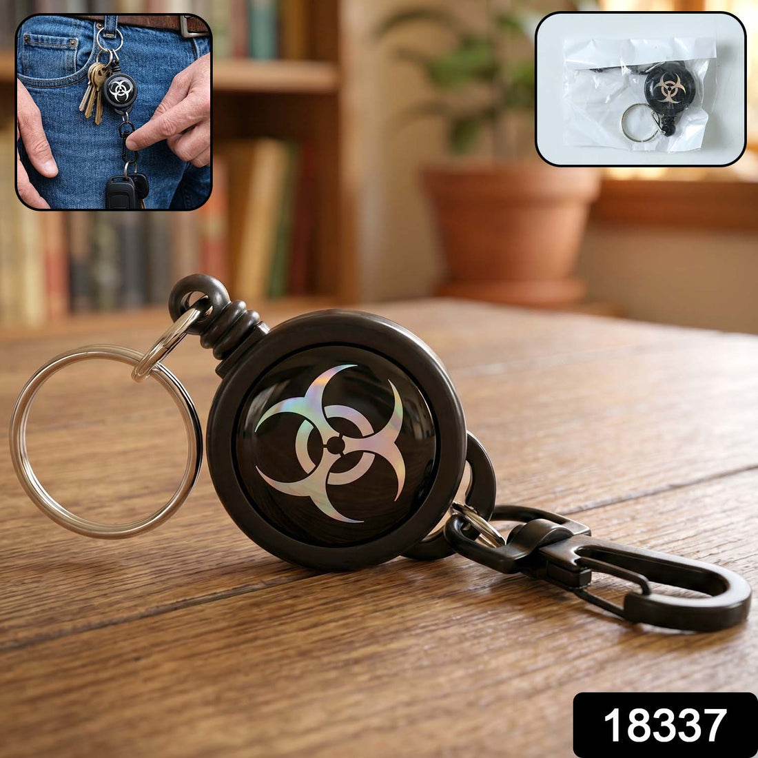 Retractable keychain with durable clip attached to belt loop.