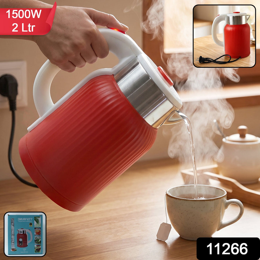 Red electric kettle, 2 litre 1500W for tea, coffee, milk and hot water (1 pc)