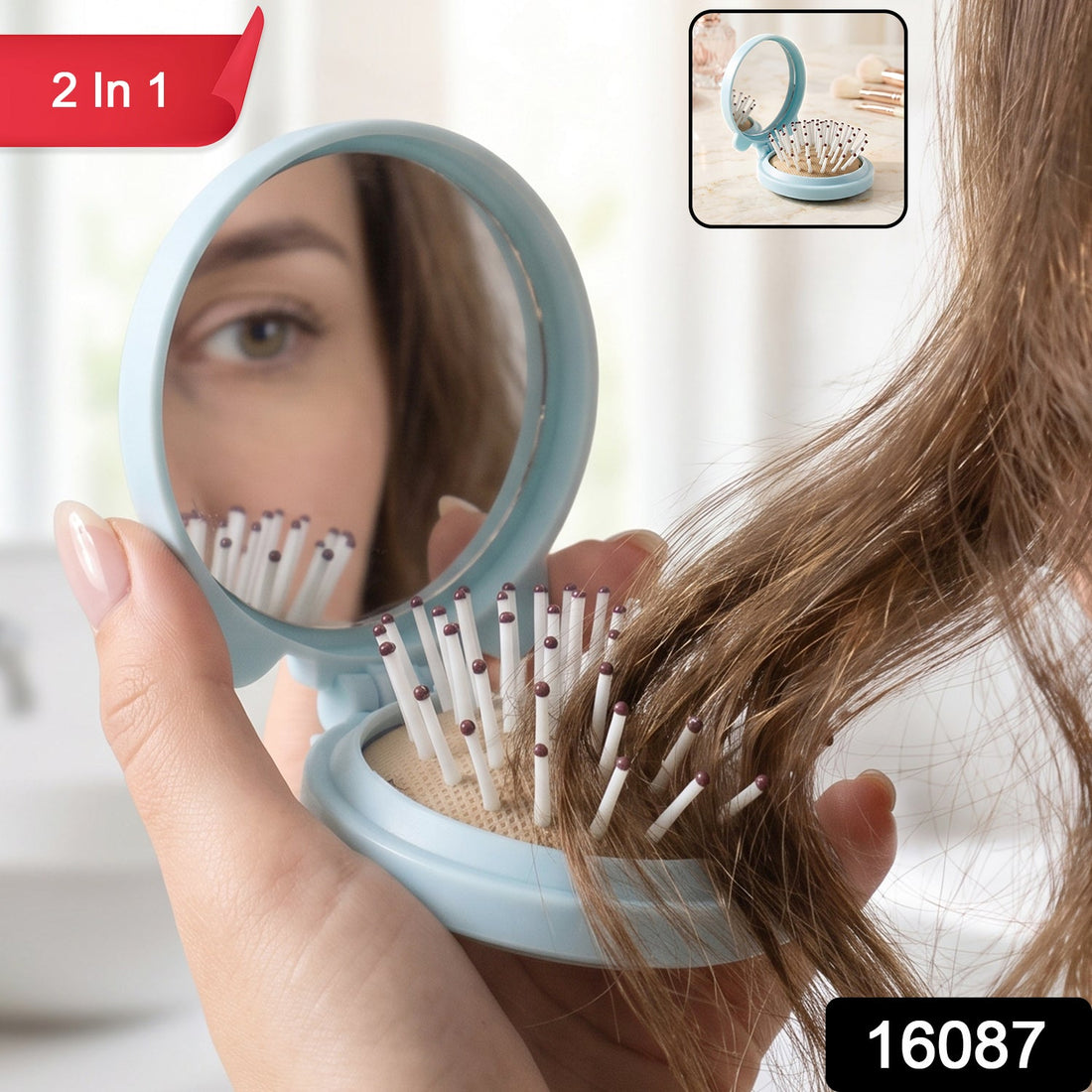 2 in 1 folding hair brush with mirror, compact pop up design for travel (1 pc)