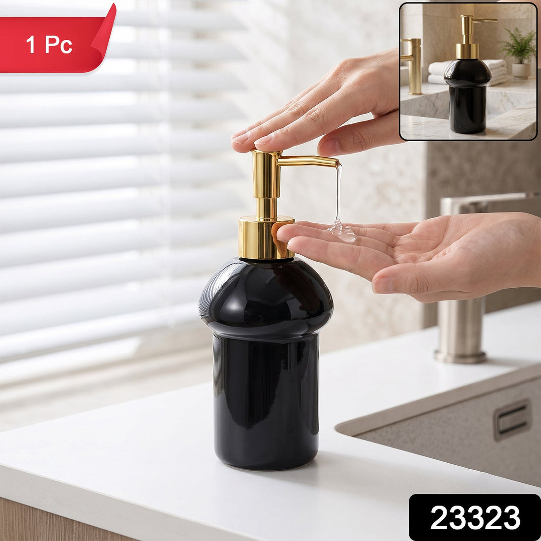 Black glass liquid soap dispenser bottle with gold pump, refillable (1 pc)
