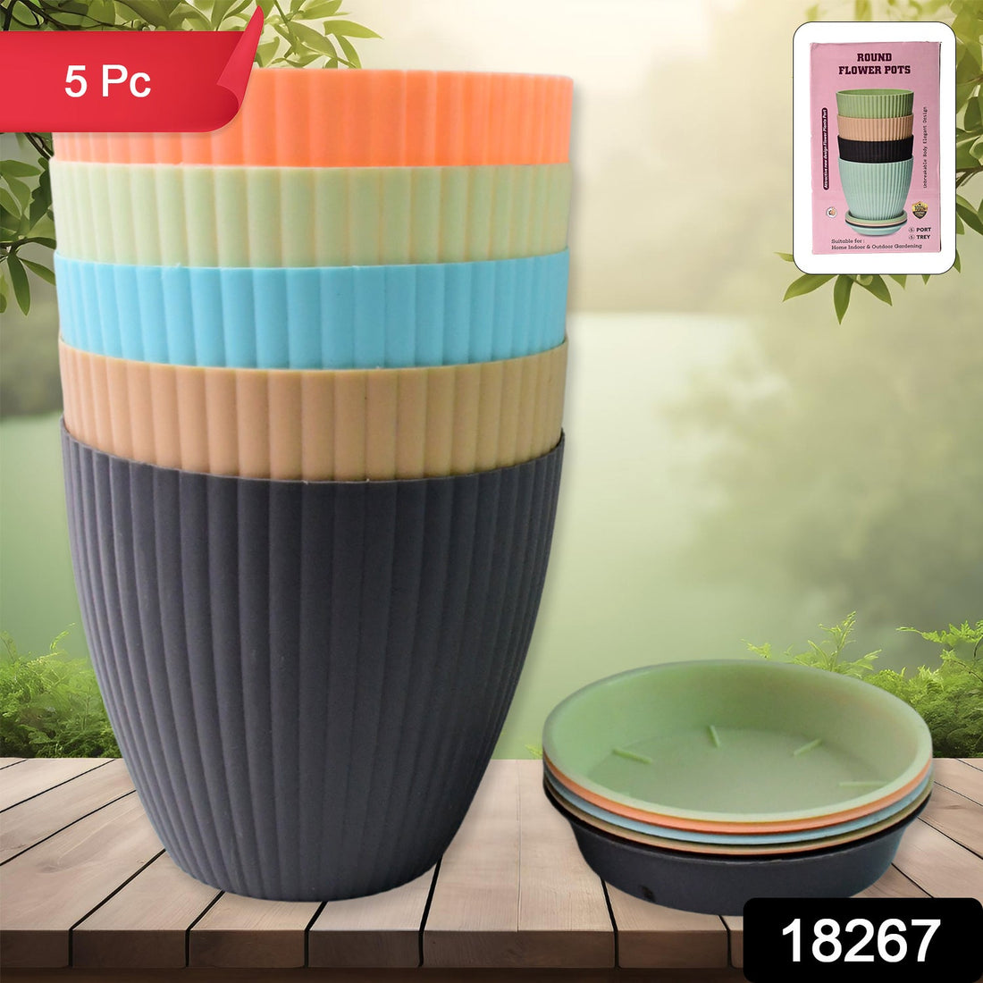 Set of five round plastic flower pots with trays displayed on a natural wooden surface.