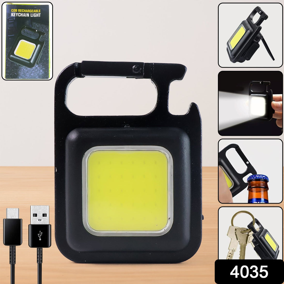 Rechargeable keychain flashlight with 4 light modes and magnetic base.