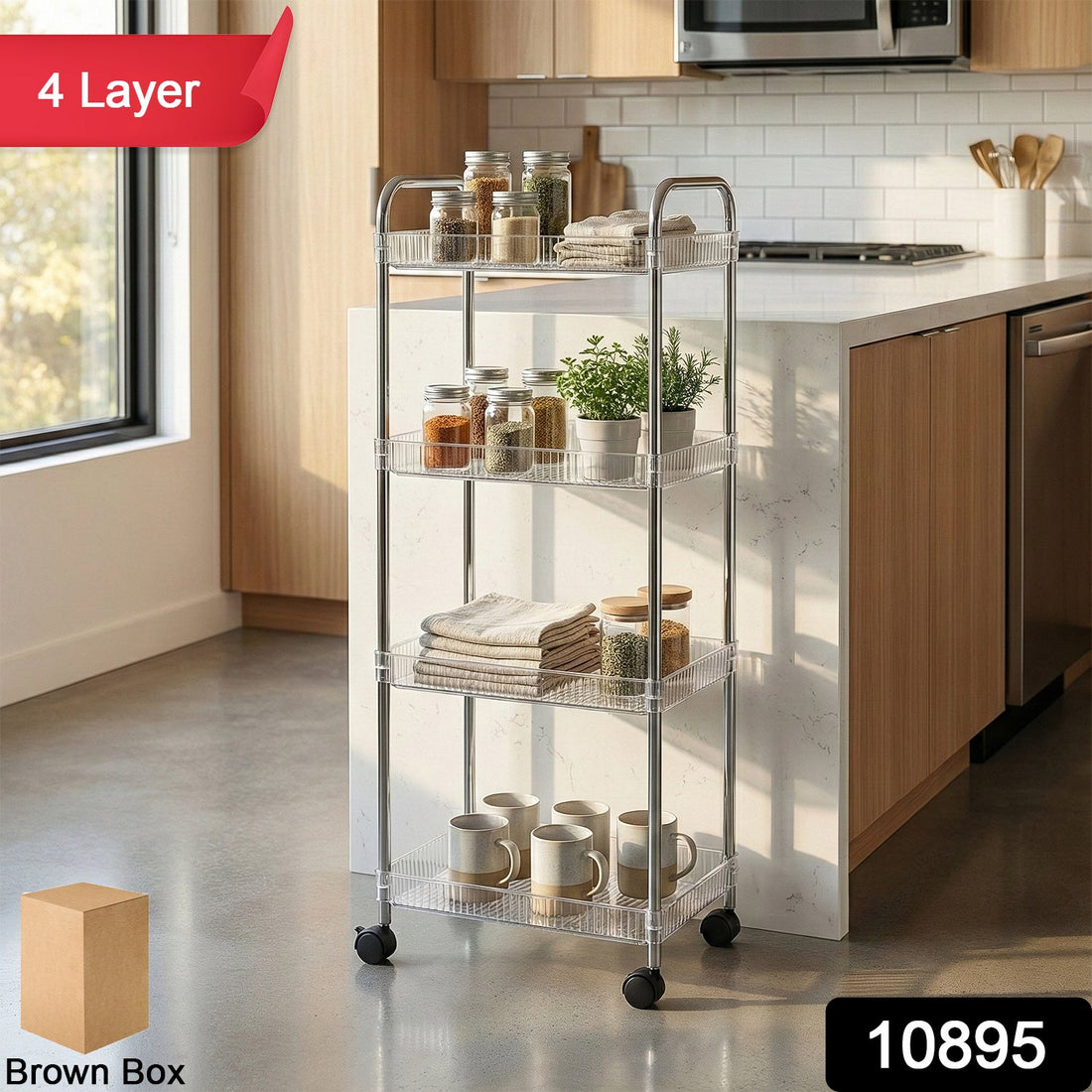 4 layer storage trolley with wheels for kitchen and home organization