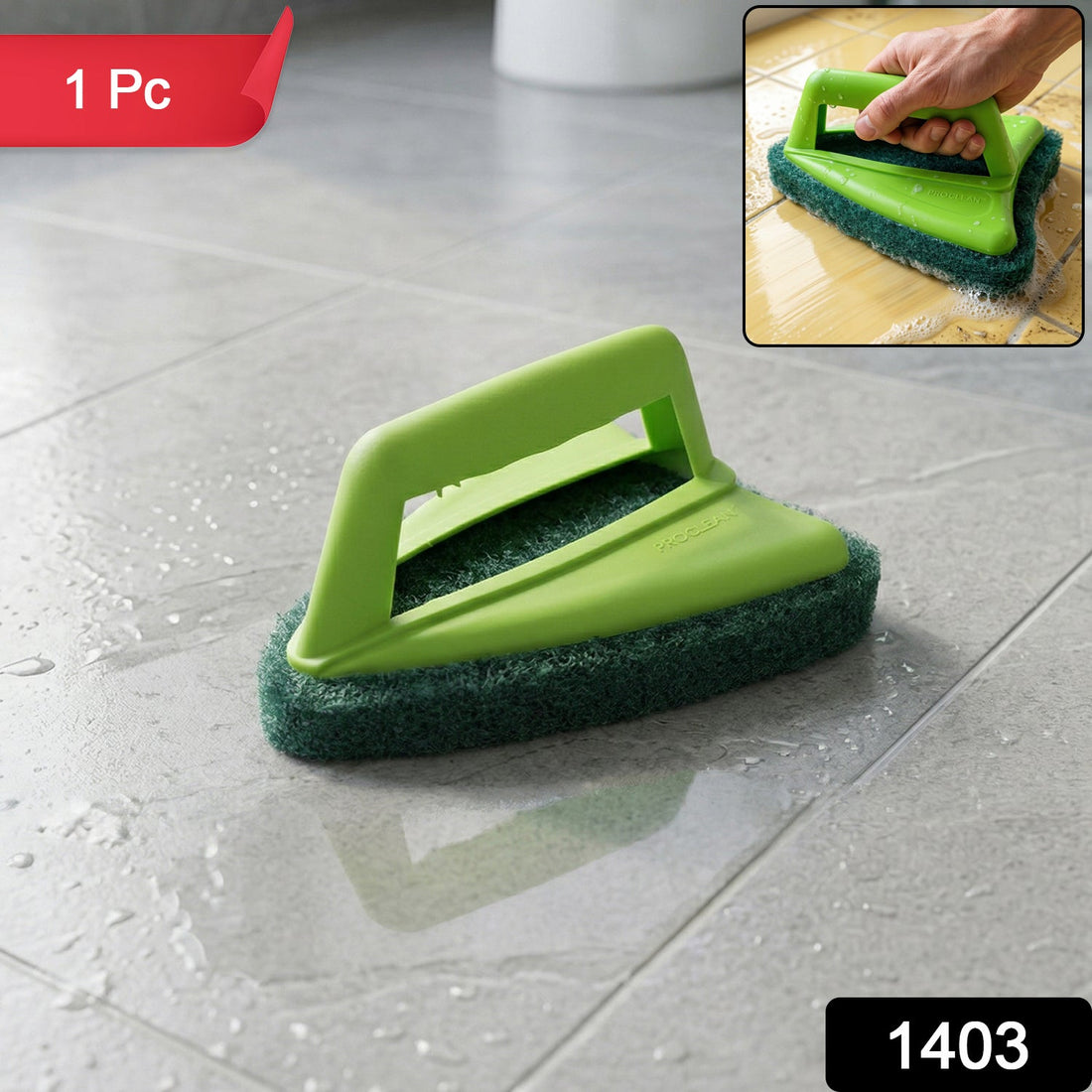 Front view of the Pro Clean Bathroom Tile Scrubber with abrasive head and handle.