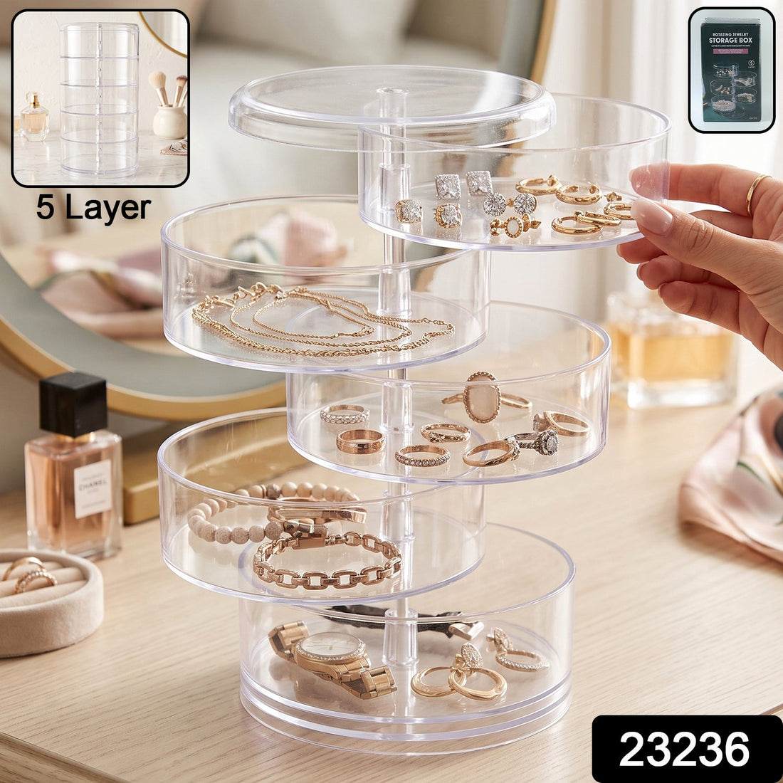 5 layer rotating jewelry storage box organizer for rings, earrings and watches (1 pc)