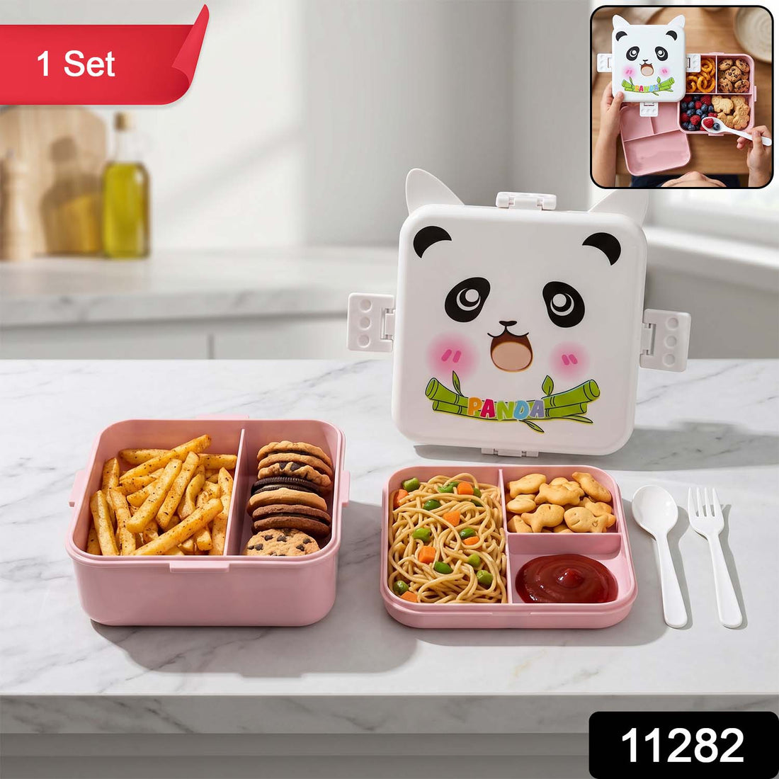 Cute panda kids lunch box with compartments and utensils