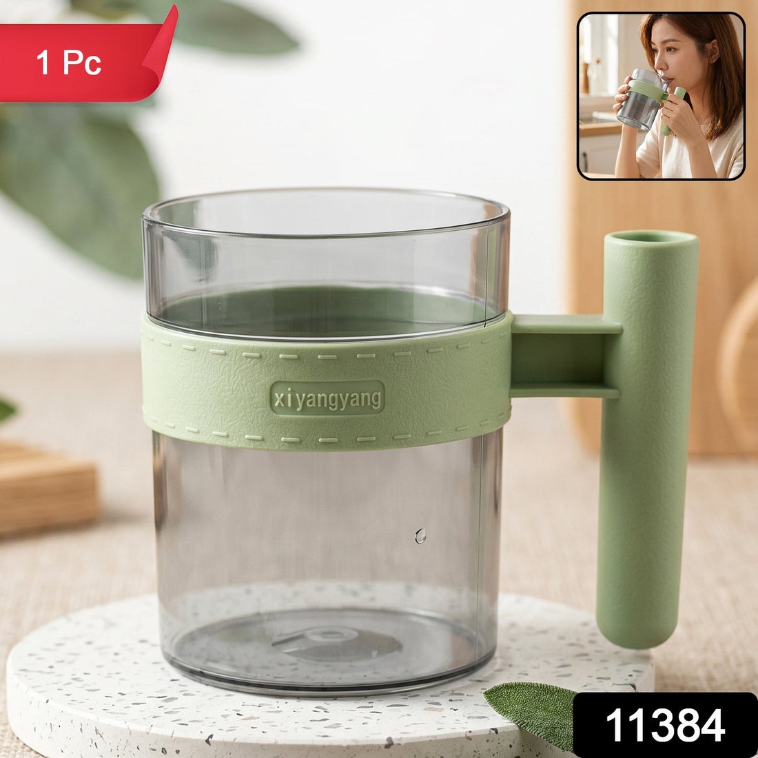 Transparent plastic cup with handle, reusable mug for water, tea and coffee (1 pc)