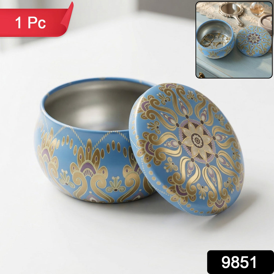 Mandala printed metal candle container with lid and vibrant artwork