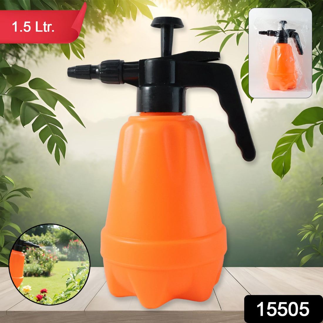 Durable 1.5L pressure spray bottle with heavy-duty plastic body front view