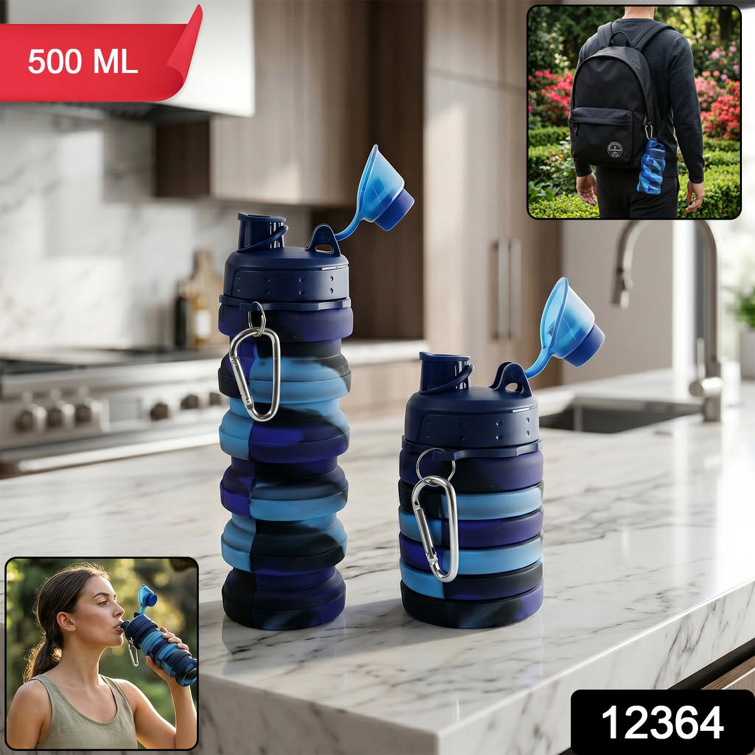 Collapsible silicone water bottle expanded showing 500ml capacity with colorful design