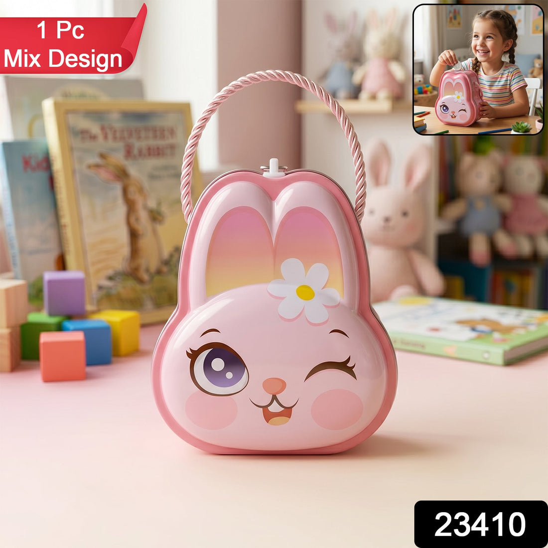 Pink bunny-shaped metal piggy bank with lock and key for kids